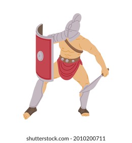 Roman gladiator warrior in fighting armor holding sword and shield. Armed cartoon man from Ancient Rome during war combat or fight, isolated vector illustration