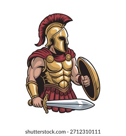 Mascota de guerrero gladiador romano. Ilustración vectorial sobre fondo blanco.