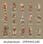 Roman gladiators fifteen isometric icons including secutor retiarius murmillon provocateur characters with various types of weapon isolated vector illustration
