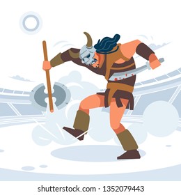 Roman gladiators fighting. A large warrior in a helmet with horns trampling his enemies. Vector isolated illustration. Flat cartoon style.