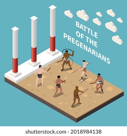 Gladiadores romanos de fondo isométrico demostró la batalla de los pregenarios con ilustración vectorial de arma de madera