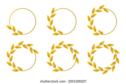 couronne de laurier d'or romain. Anneaux avec collection de cadres ronds de feuilles d'or. Badge circulaire de couronnes grises à l'olive isolé sur fond blanc. Illustration vectorielle.