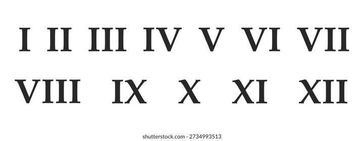 Roman or greece numerals set. Numbers from one to twelve arranged in two rows. Typography