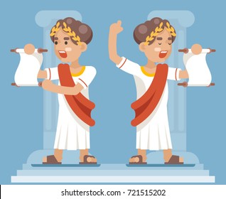 Roman Greek  Cartoon Character Scroll Declaration Retro Vintage lecturer 	
Advertisement Cartoon Character Icon Design Flat Vector Illustration