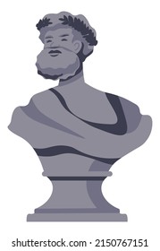 Roman or Greek culture, ancient bust sculpture of male with laurel wreath on head. Thinker or political, classic artwork for museum exhibition. Historical personage depiction. Vector in flat style