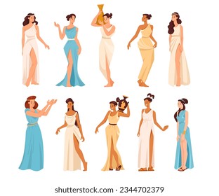 Roman or Greek Girl in Antique Clothes Stand and Gesturing with Amphora Vector Set