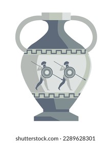 Roman or Greek jar with handle and narrow neck, isolated ancient amphora with ornaments and warriors with spire and shield. Historical artifacts and exhibition exponents. Vector in flat style