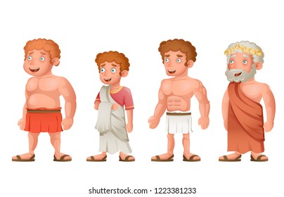 Roman greek old young strong fat toga characters loincloth set cartoon design vector illustration