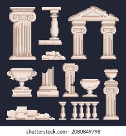 Icono de ilustración de píxeles romanos y griegos conjunto de columnas de edificios arruina el concepto. Viejo videojuego de 8 bits aislado clipart