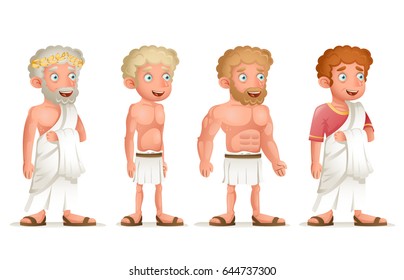 Roman Greek Retro Vintage Old Young Toga Loincloth Characters Icon Set Cartoon Vector Design Illustration