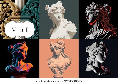 Roman Greek sculpture beauty Aphrodite  A set five vector images plaster bust the goddess  Pseudo 3d statue young girl  Drawn art objects for creative poster  banner logo