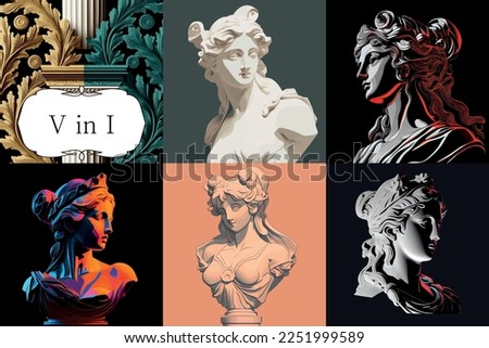 Roman or Greek sculpture of beauty Aphrodite. A set of five vector images of a plaster bust of the goddess. Pseudo 3d statue of a young girl. Drawn art objects for creative poster, banner or logo Foto stock © 