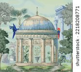 Roman, Greek temple garden and macaw birds vector pattern for wallpaper