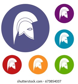 Roman helmet icons set in flat circle reb, blue and green color for web