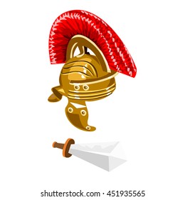Roman helmet and sword isolated on white background. Vector illustration.