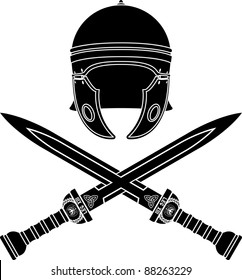 roman helmet and swords. second variant. stencil. vector illustration