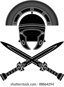 Roman Helmet And Swords. Third Variant. Stencil. Vector Illustration