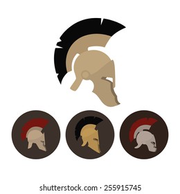 Roman helmets, Colored antique Greek helmets for head protection soldiers with a crest of feathers or horsehair with slits for the eyes and mouth, vector illustration
