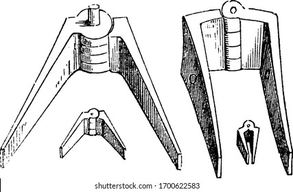 Roman hinges, The Greeks and Romans used hinges, cut exhibits four Roman hinges of bronze, preserved in the British Museum, vintage line drawing or engraving illustration.