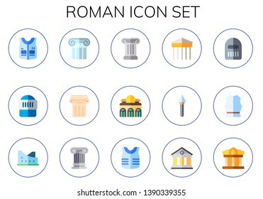 roman icon set. 15 flat roman icons.  Simple modern icons about  - armor, warrior, column, pillar, museum, parthenon, spear, armour