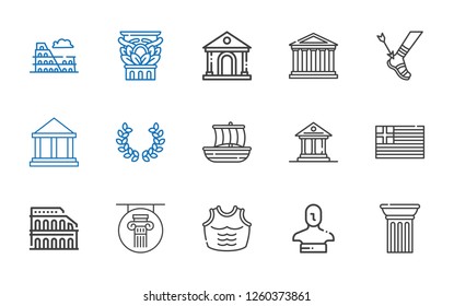 Roman Icons Set. Collection Of Roman With Column, Statue, Armor, Colosseum, Greece, Museum, Trireme, Laurel, Achilles, Parthenon. Editable And Scalable Roman Icons.