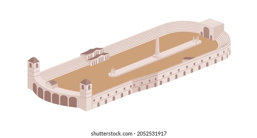 Roman large open-air Circus Maximus. Ancient public rectangle building with obelisk and seats. Imperial construction of Rome. Italian landmark. Flat vector illustration isolated on white background