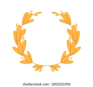 Roman laurel wreath from laurus leaf. Circle award for winners. Gold symbol of victory. Circular laureal leaves crown. Colored flat graphic vector illustration isolated on white background