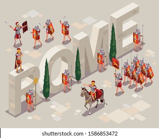 Roman Legionaries Ancient Rome and isometric word Rome illustration isometric icons on isolated background