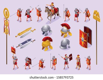 Roman Legionaries Ancient Rome Set isometric icons on isolated background