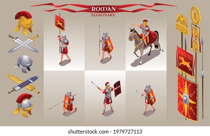 Roman Legionary Ancient Rome Concept Poster collection Set isometric icons on beige isolated background