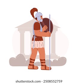 Roman legionary. Armor, helmet, dagger, sandals. In one hand he holds a spear and in the other a shield. There is a temple in the background. Warrior, protector. History. Ancestor. Vector illustration