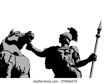 Roman legionary with a horse on a white background