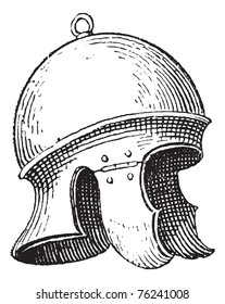 Römischer Legionärshelm oder Galeerievintage-Gravur. Alte gravierte Illustration des Helms der Legionäre.