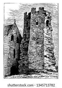 Roman Lighthouse and Part of St Mary Church Dover has been adapted for use as the bell tower of the adjacent castle church of St Mary de Castro, vintage line drawing or engraving illustration.