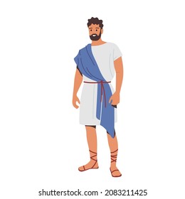 Hombre romano con traje histórico, personaje masculino vestido con ropa tradicional, ciudadano romano antiguo con túnica azul o blanco y sandalias aisladas de fondo blanco. Ilustración de vectores de personas de caricatura