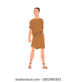 Hombre romano vestido con ropa tradicional, antiguo personaje ciudadano plebeiano de Roma en ilustración de vectores de túnez y sandalias