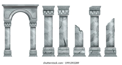 Roman marble pillars set, ancient vector Greek stone broken columns collection, antique architecture. Classic pillars colonnade, decorative arch design element, portal ruin. Marble pillar illustration