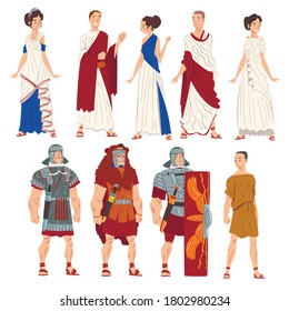 Roman Men and Women in Traditional Clothes Collection, Ancient Rome Citizens and Legionnaires Characters Vector Illustration