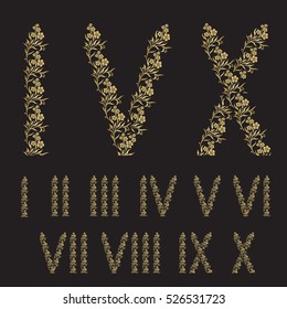 Roman numbers set, from one to ten, made with floral motif in gold color on black background