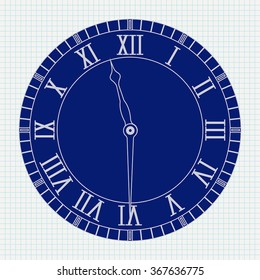 Roman numeral clock.  Background  Notebook sheet texture. Icon. Vector illustration.