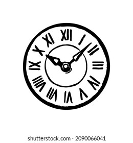 Roman numeral clock dial face. Ink sketch isolated on white background. Hand drawn vector illustration. Retro style.