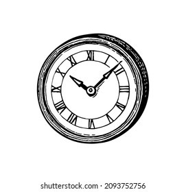Roman numeral clock dial face. Ink sketch isolated on white background. Hand drawn vector illustration. Retro style.