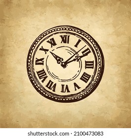 Roman numeral clock dial face. Ink sketch on old paper background. Hand drawn vector illustration. Vintage style stroke drawing.