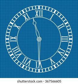 Roman numeral clock. Icon. Blueprint Background. Vector illustration.