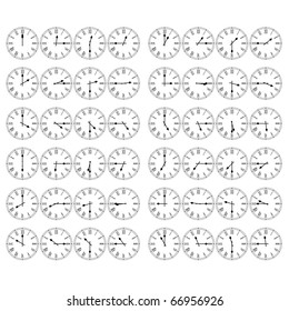 Roman Numeral Clocks Showing All Twelve Hours at Fifteen Minute Intervals