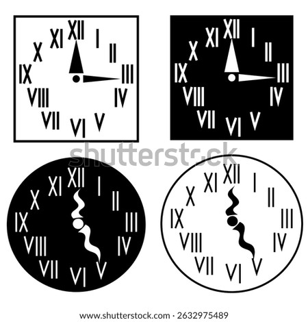 Roman numeral clocks. Square round shapes. Black white vector icons. Wavy hand detail.
