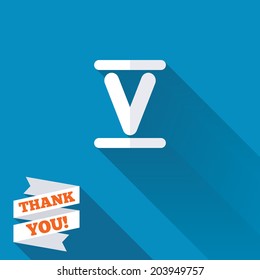 Roman numeral five sign icon. Roman number five symbol. White flat icon with long shadow. Paper ribbon label with Thank you text. Vector