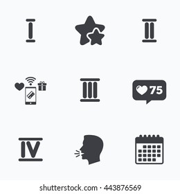 Roman numeral icons. 1, 2, 3 and 4 digit characters. Ancient Rome numeric system. Flat talking head, calendar icons. Stars, like counter icons. Vector