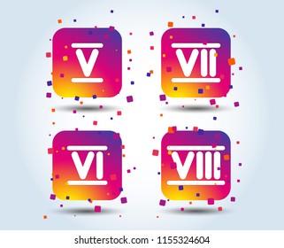 Roman numeral icons. 5, 6, 7 and 8 digit characters. Ancient Rome numeric system. Colour gradient square buttons. Flat design concept. Vector
