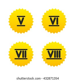 Roman numeral icons. 5, 6, 7 and 8 digit characters. Ancient Rome numeric system. Yellow stars labels with flat icons. Vector